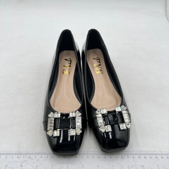 FYS flats square toe Rhinestone Crystal Low Chunky Heel Shoes Black - Picture 2 of 7